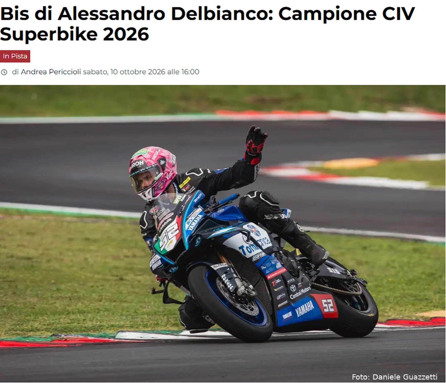 Articolo di Corse di Moto sul titolo di Alessandro Delbianco nel CIV Superbike 2026
